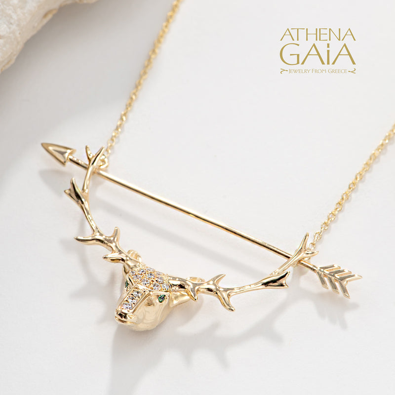 Olympian Artemis Deer and Arrow Pendant Necklace - 18k Gold Necklace