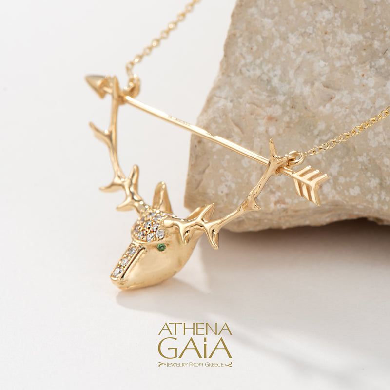 Olympian Artemis Deer and Arrow Pendant Necklace - 18k Gold Necklace