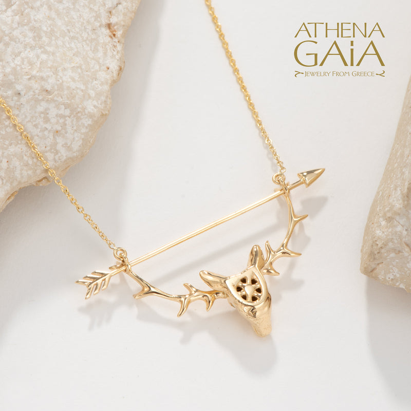 Olympian Artemis Deer and Arrow Pendant Necklace - 18k Gold Necklace