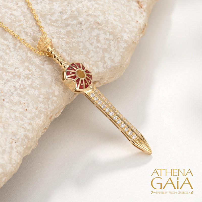 Olympian Ares Sword and Shield Enamel Pendant Necklace - 18k Gold Necklace