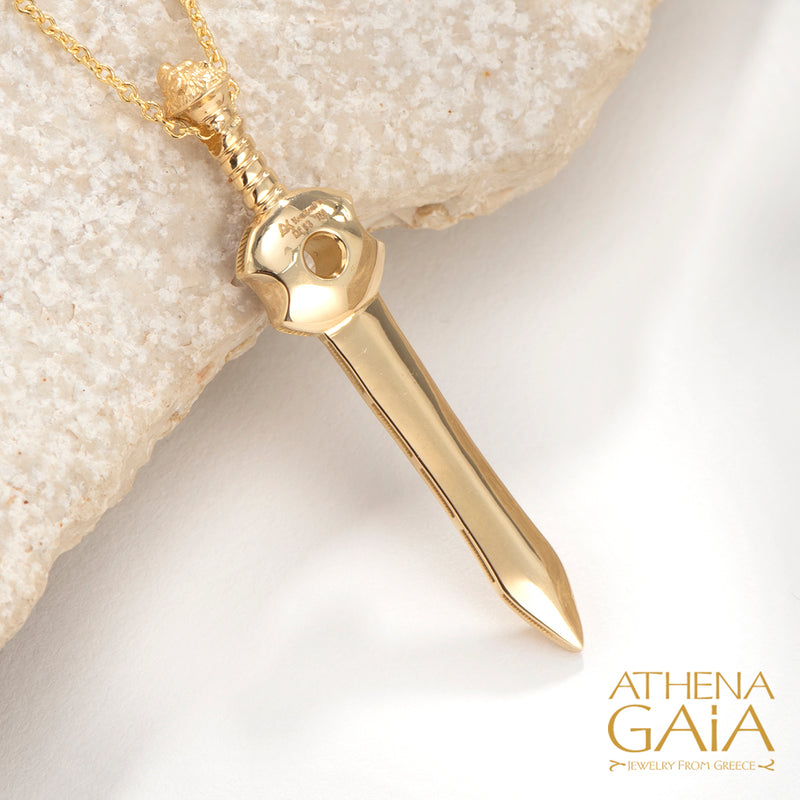 Olympian Ares Sword and Shield Enamel Pendant Necklace - 18k Gold Necklace