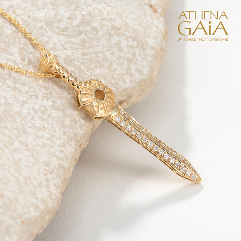 Olympian Ares Sword and Shield Pendant Necklace - 18k Gold Necklace
