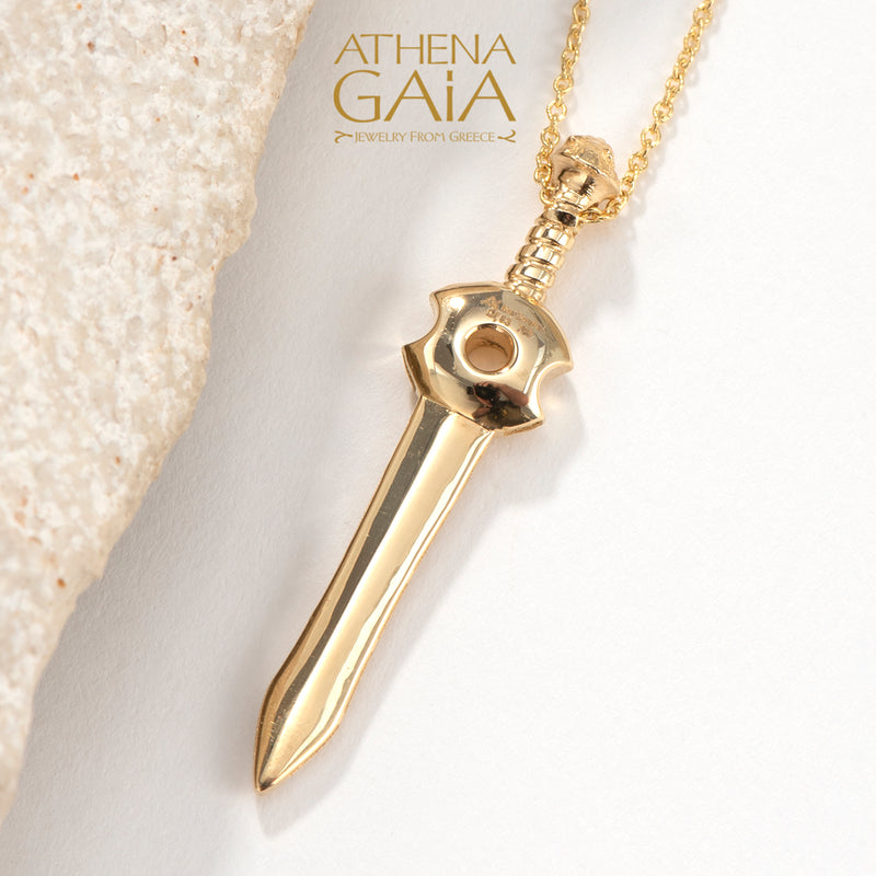 Olympian Ares Sword and Shield Pendant Necklace - 18k Gold Necklace