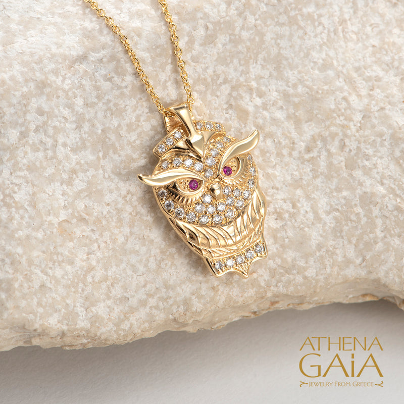 Olympian Athena Owl Pendant Necklace - 18k Gold Necklace