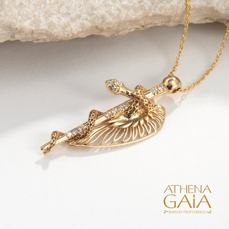 Olympian Hermes Caduceus Pendant Necklace - 18k Gold Necklace