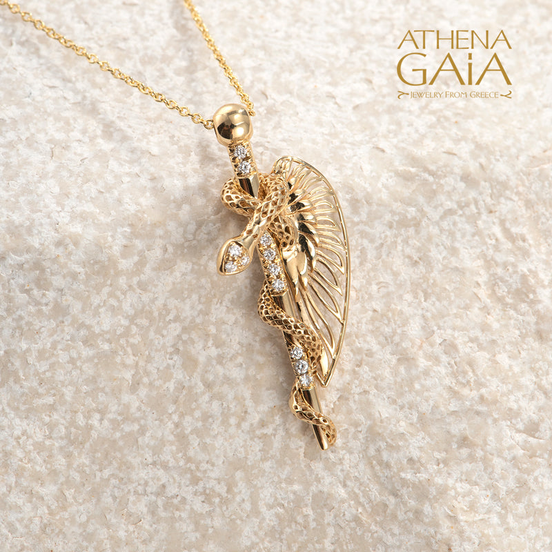 Olympian Hermes Caduceus Pendant Necklace - 18k Gold Necklace