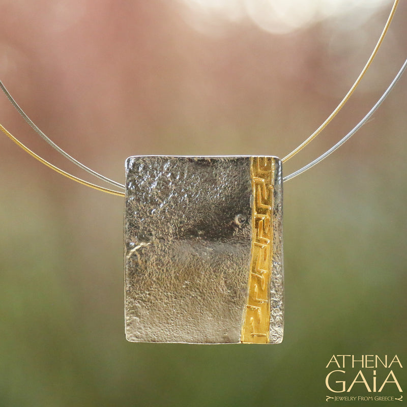 Linear Vertical Meander Pendant Necklace - Gold Plated Sterling Silver Necklace