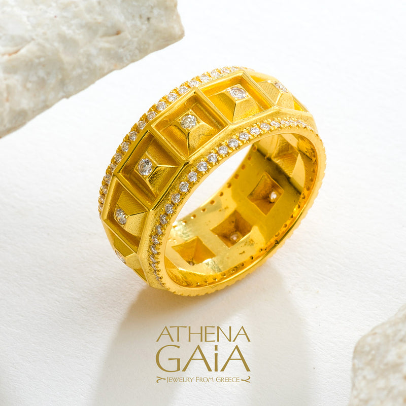Shadow and Light Diamond Block & Border Ring - 18k Gold Ring - Stackable Ring