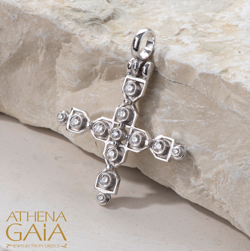 Diamond Row Greek Cross (Large) - 18k Gold - Byzantine Cross