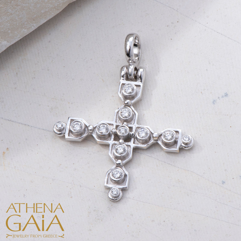 Diamond Row Greek Cross (Large) - 18k Gold - Byzantine Cross