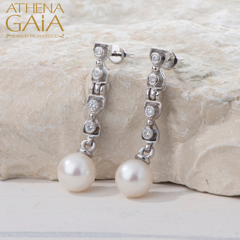 Byzantine Embroidery Pearl and Diamond Earrings - 18k Gold - Pearl Drop Earrings
