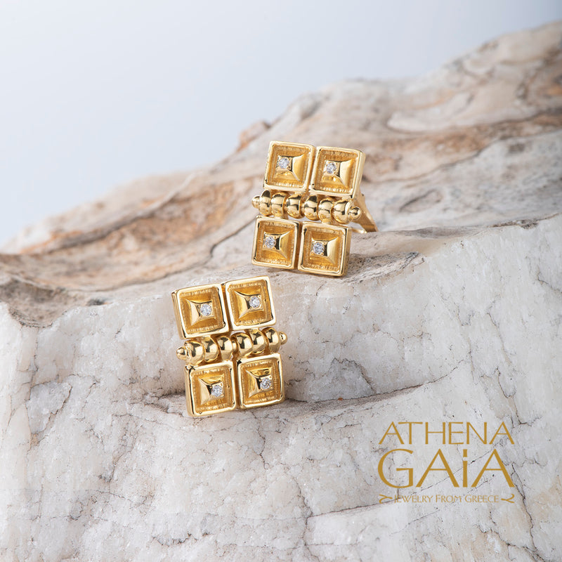 Quad Symmetry Earrings - 18k Gold Earrings - Omega Clip Earrings