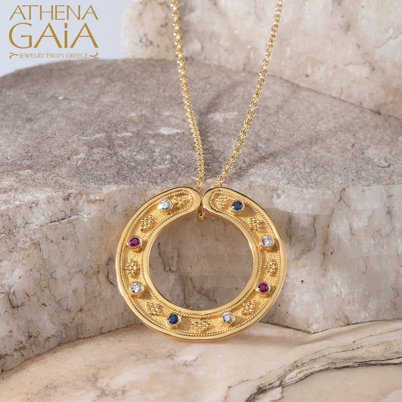 Byzantine Embroidery Circle Pendant Necklace (Small) - 18k Gold Necklace
