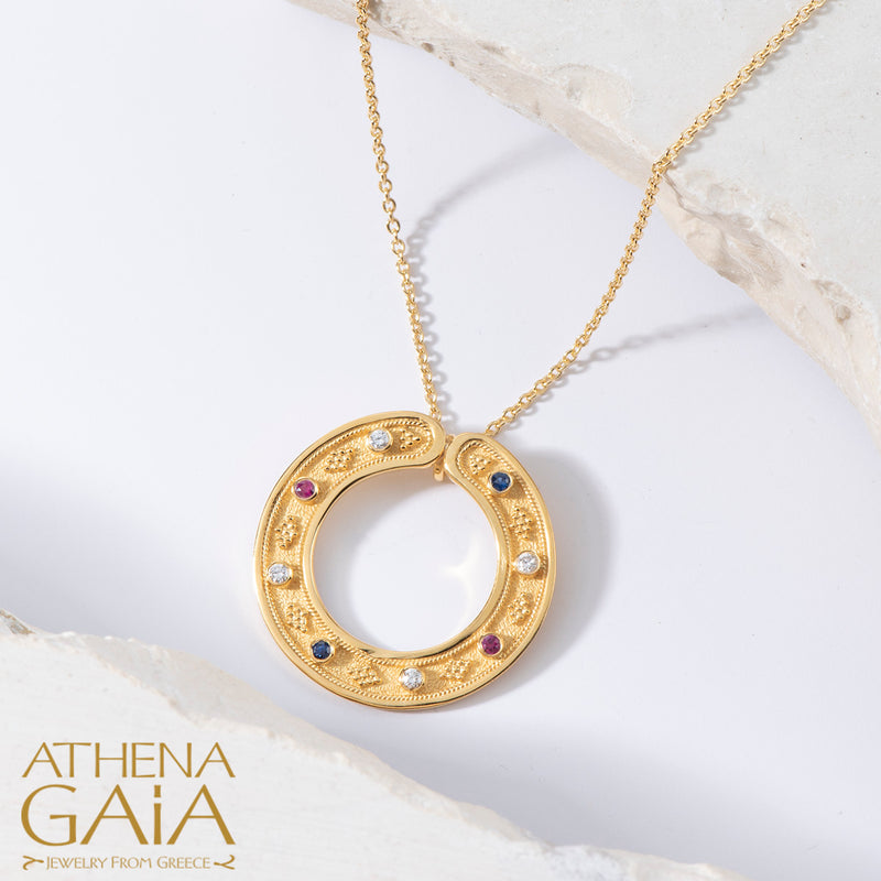 Byzantine Embroidery Circle Pendant Necklace (Small) - 18k Gold Necklace