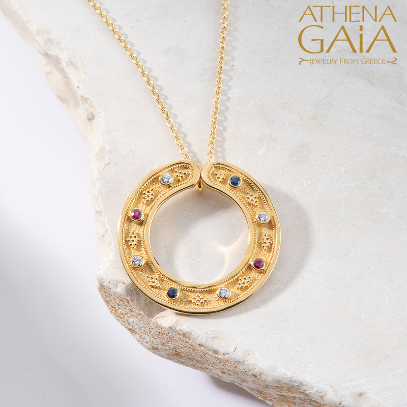 Byzantine Embroidery Circle Pendant Necklace (Small) - 18k Gold Necklace