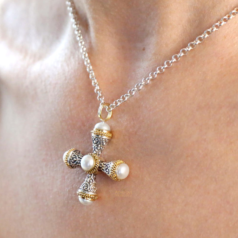 Mini Santorini Pomme Cross - 18k Gold and Sterling Silver - Cross Necklace