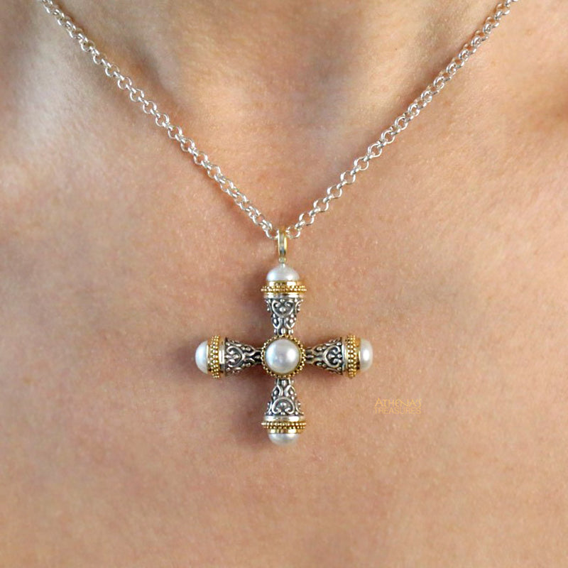 Mini Santorini Pomme Cross - 18k Gold and Sterling Silver - Cross Necklace
