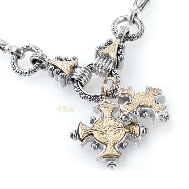 Mother and Child Rustic Maltese Crosses Necklace - 18k Gold & Sterling Silver - Cross Necklace