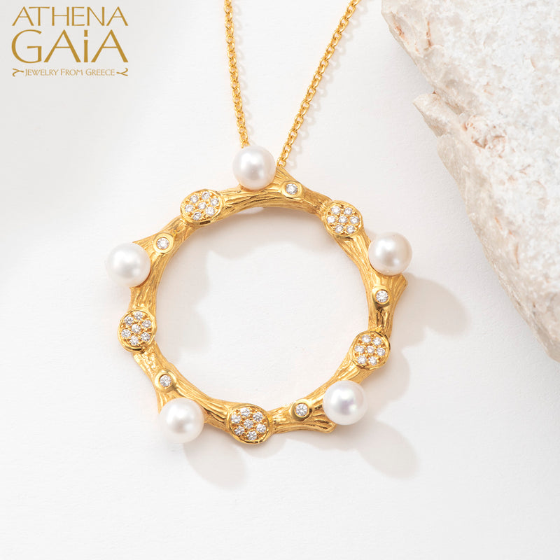Four Seasons Winter Pearl Circle Pendant Necklace (Large) - 18k Gold - Pearl Necklace