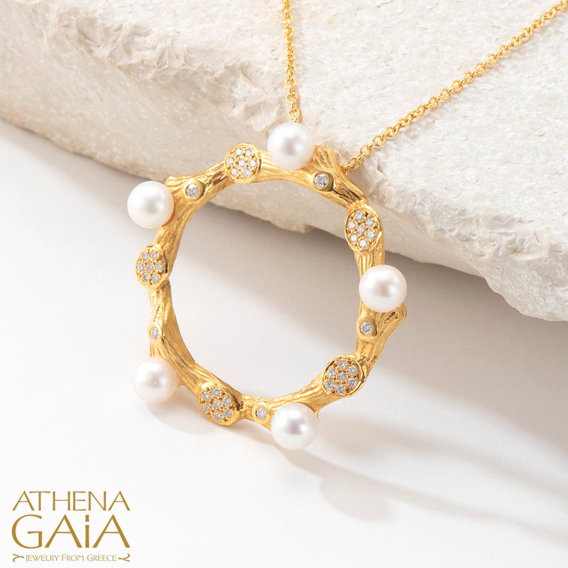 Four Seasons Winter Pearl Circle Pendant Necklace (Large) - 18k Gold - Pearl Necklace