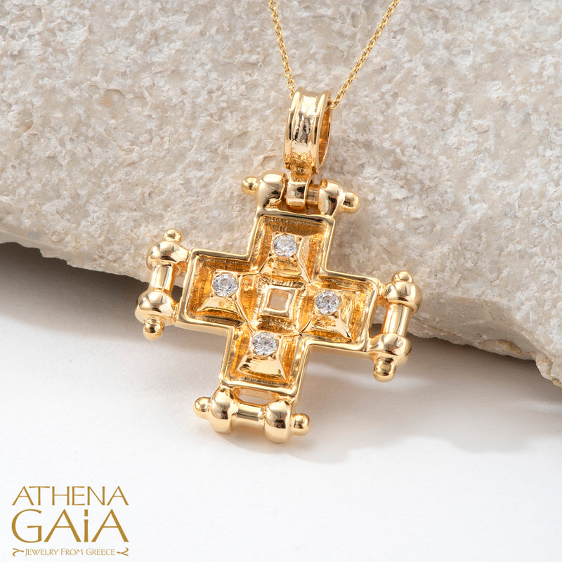 Shadow and Light Flanked 4 Diamond Greek Cross - 18k Gold - Orthodox Cross