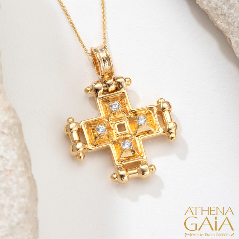 Shadow and Light Flanked 4 Diamond Greek Cross - 18k Gold - Orthodox Cross