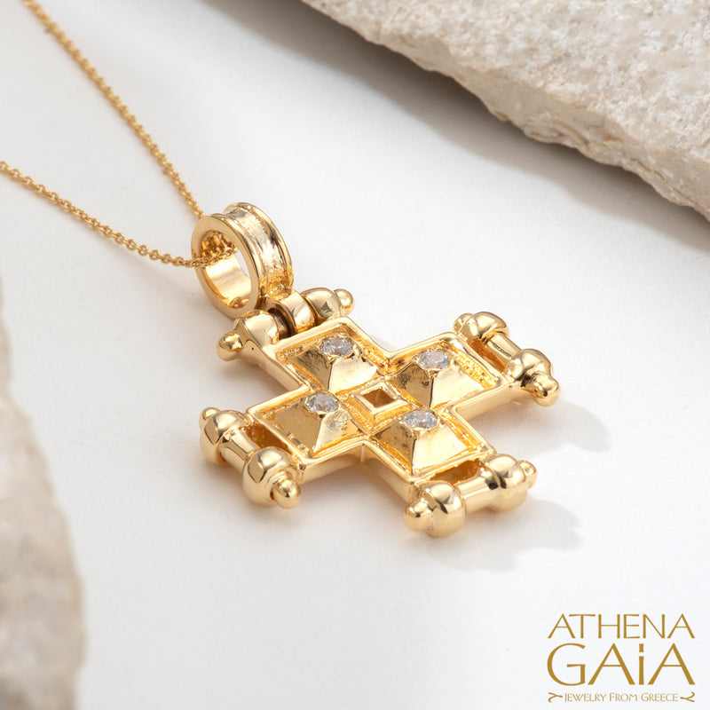 Shadow and Light Flanked 4 Diamond Greek Cross - 18k Gold - Orthodox Cross