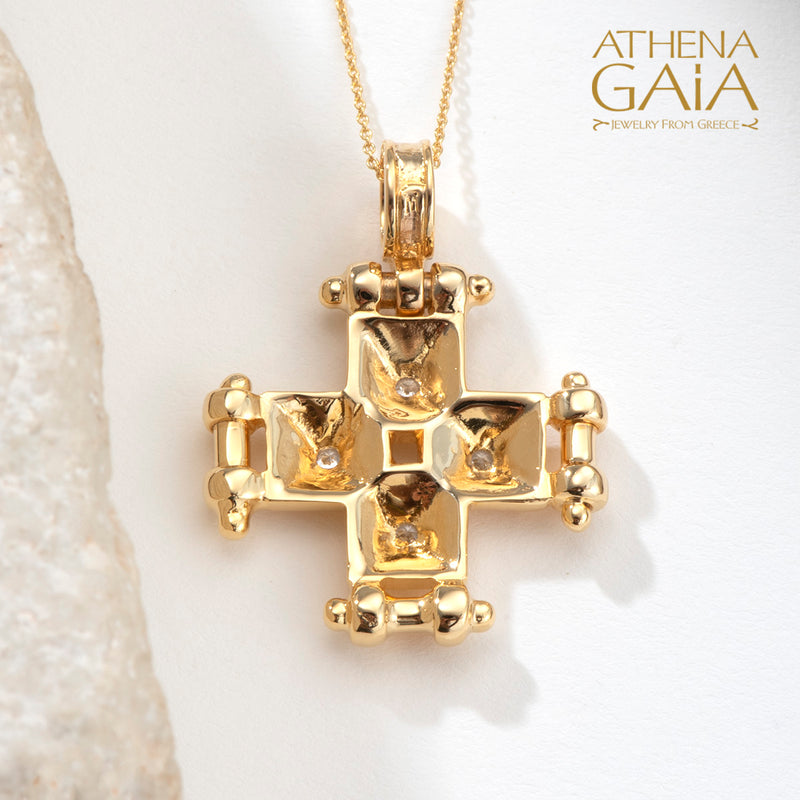 Shadow and Light Flanked 4 Diamond Greek Cross - 18k Gold - Orthodox Cross