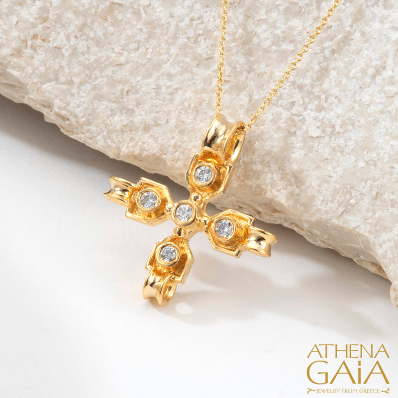 Diamond Row Greek Cross (Small) - 18k Gold - Byzantine Cross