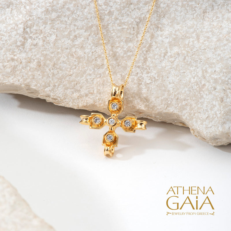 Diamond Row Greek Cross (Small) - 18k Gold - Byzantine Cross
