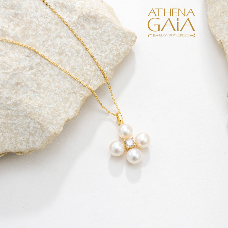 Pearl Eastern Cross Necklace - 14k Gold - Greek Cross