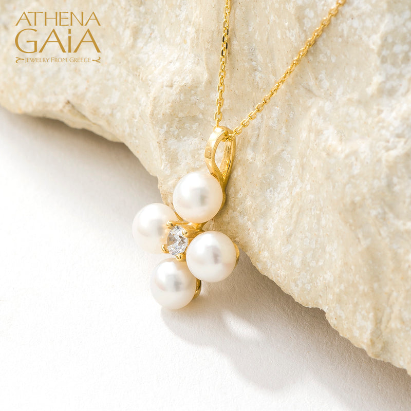 Pearl Eastern Cross Necklace - 14k Gold - Greek Cross