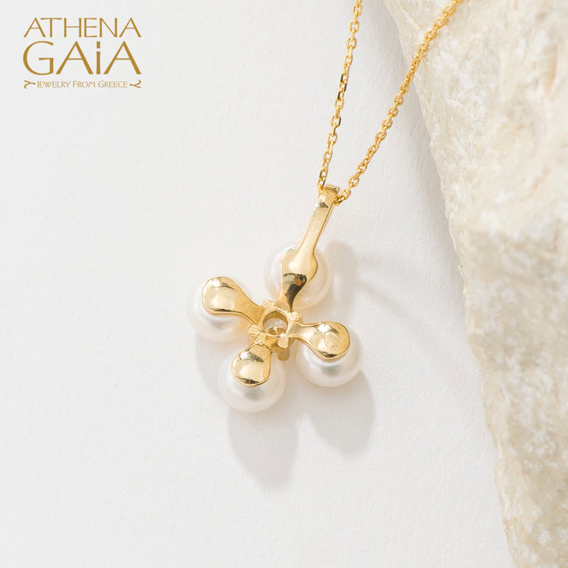 Pearl Eastern Cross Necklace - 14k Gold - Greek Cross