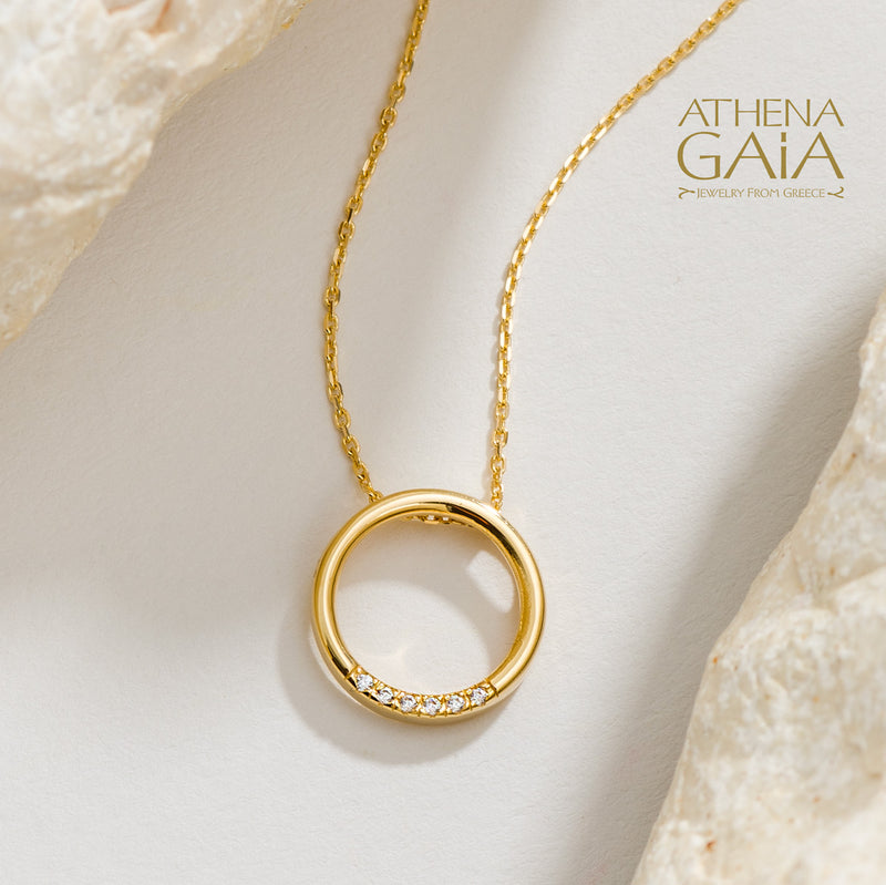 Stone Bottom Circle Necklace - 14k Gold Necklace
