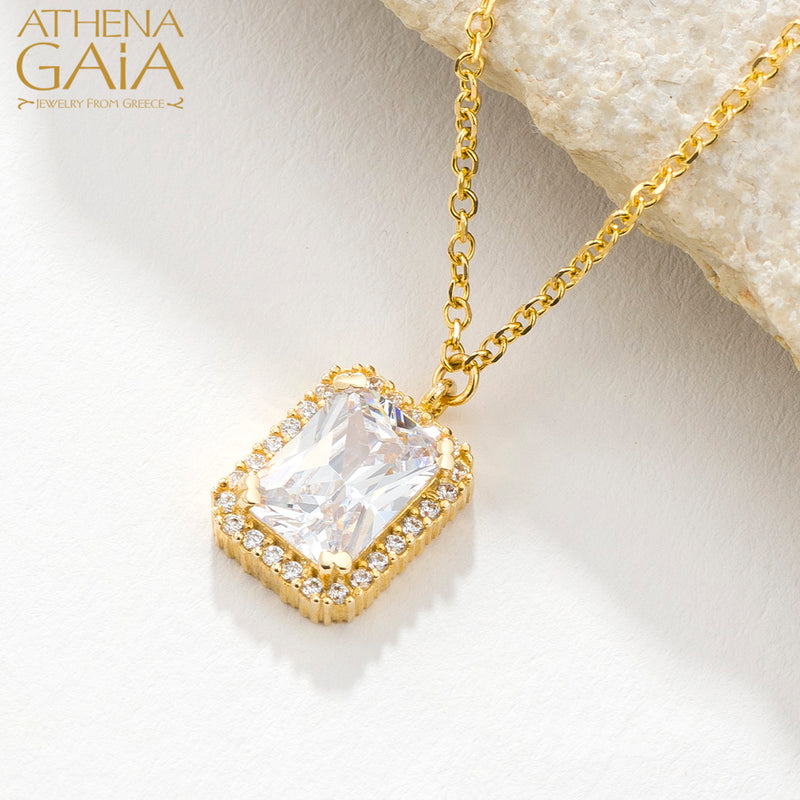 Rectangle Halo Necklace - 14k Gold Necklace