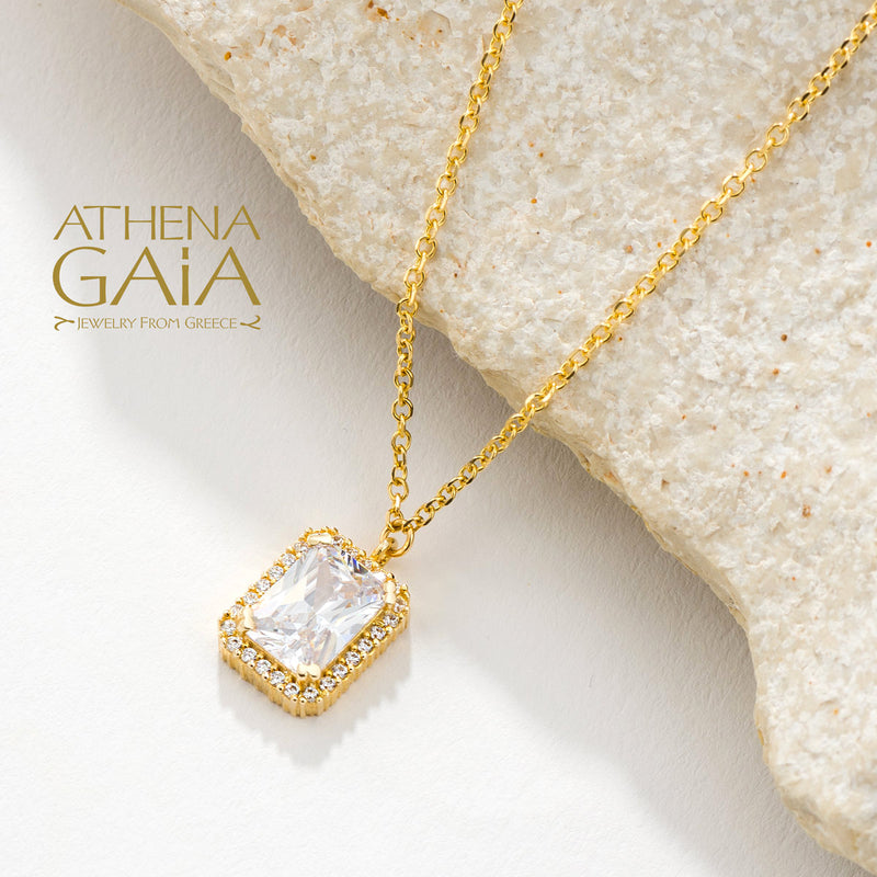 Rectangle Halo Necklace - 14k Gold Necklace