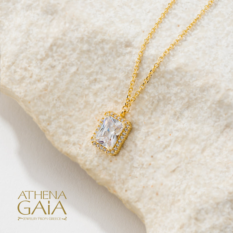Rectangle Halo Necklace - 14k Gold Necklace