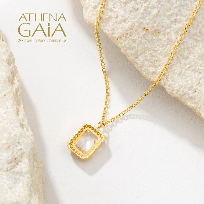Rectangle Halo Necklace - 14k Gold Necklace
