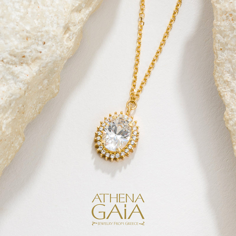 Oval Halo Necklace - 14k Gold Necklace