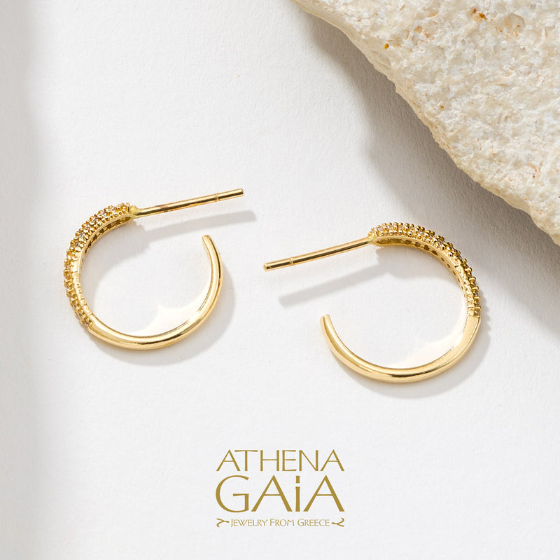 Pave Half Hoop Earrings - 14k Gold Earrings