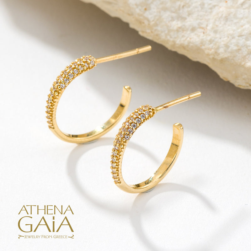 Pave Half Hoop Earrings - 14k Gold Earrings
