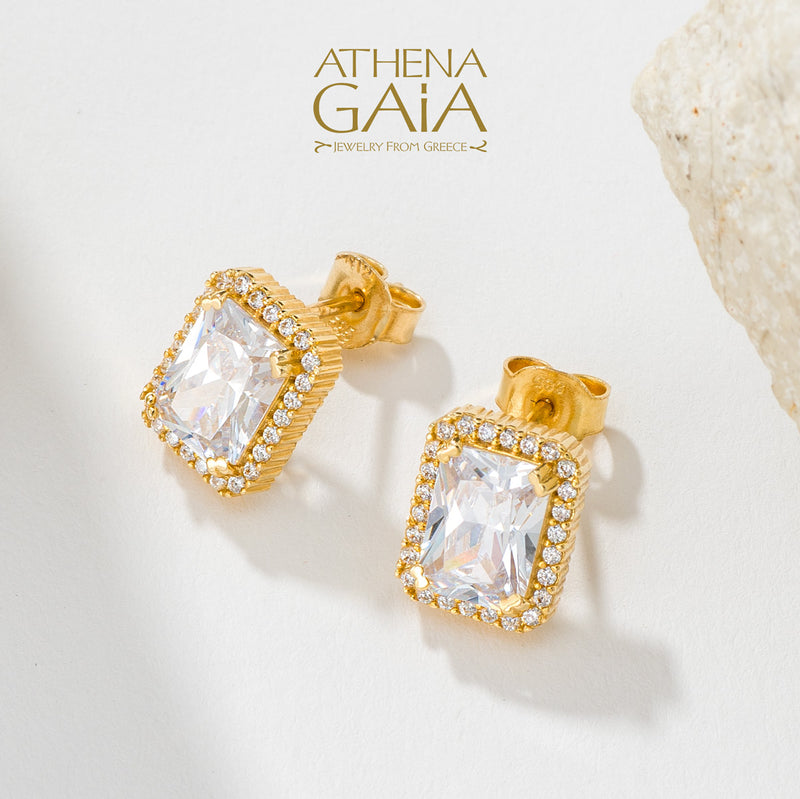 Rectangle Halo Post Earrings - 14k Gold Earrings