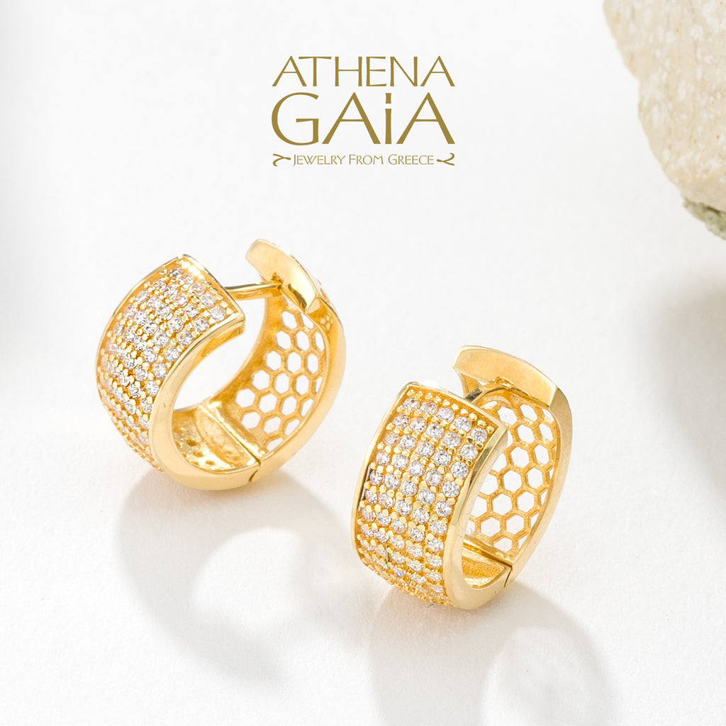 Honeycomb Huggie Earrings - 14k Gold - Lightweight Hoop Earrings