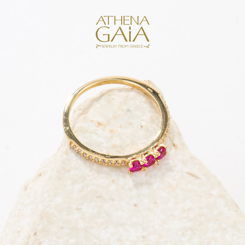 Triple Stone Run Ring - 14k Gold Ring - Stackable Ring