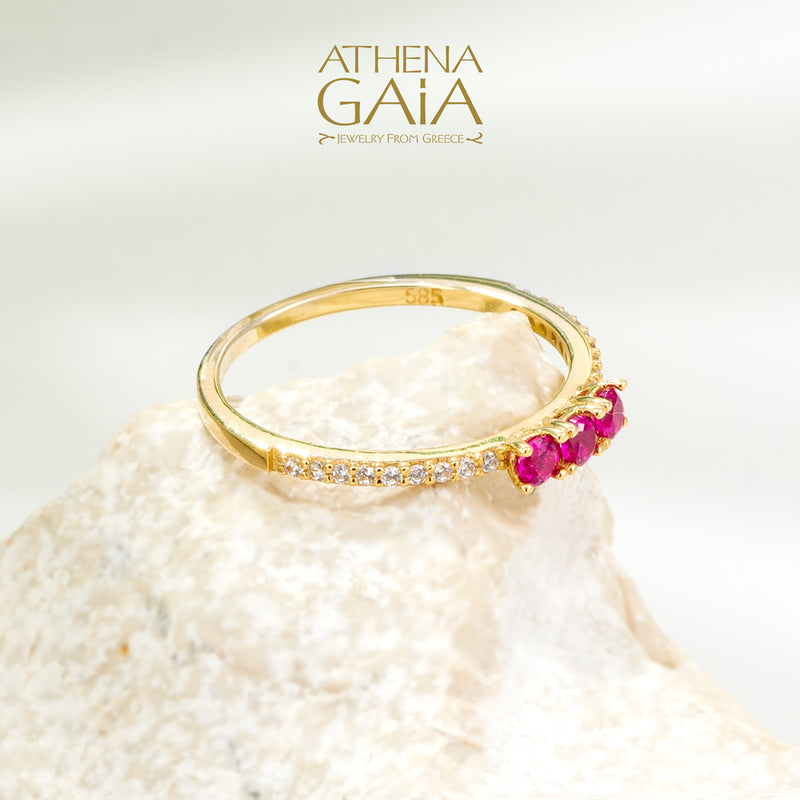 Triple Stone Run Ring - 14k Gold Ring - Stackable Ring