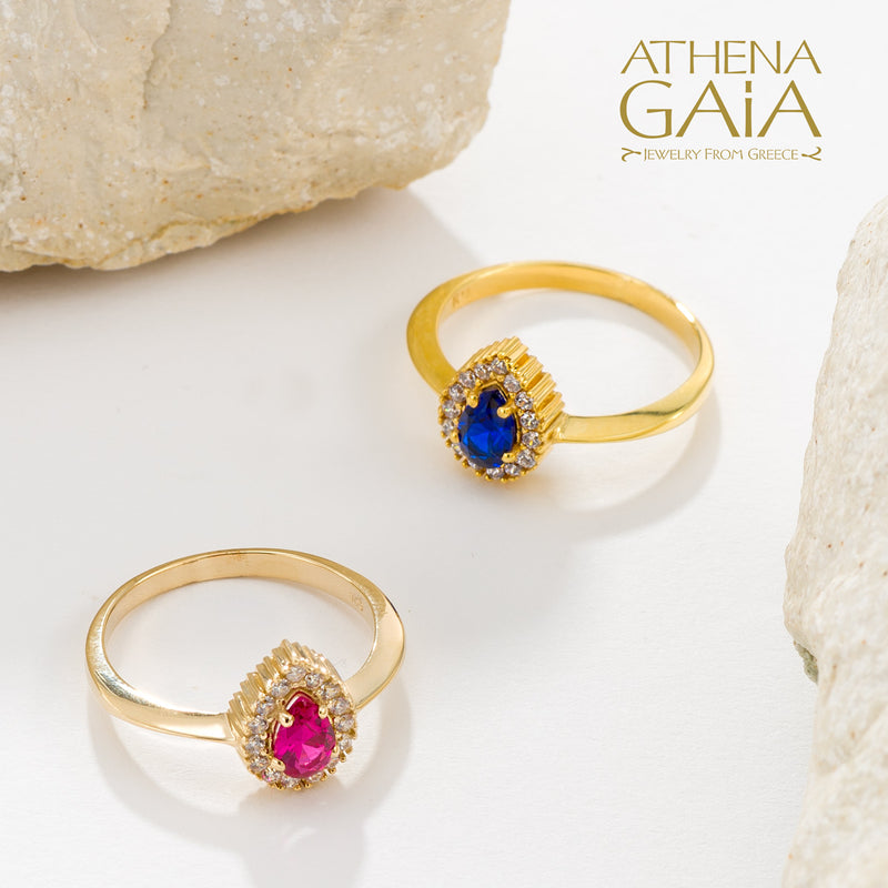 Large Halo Pear Ring - 14k Gold Ring - Cocktail Ring