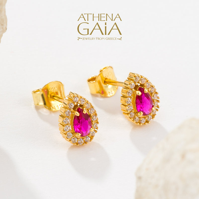 Large Halo Pear Stud Earrings - 14k Gold Earrings