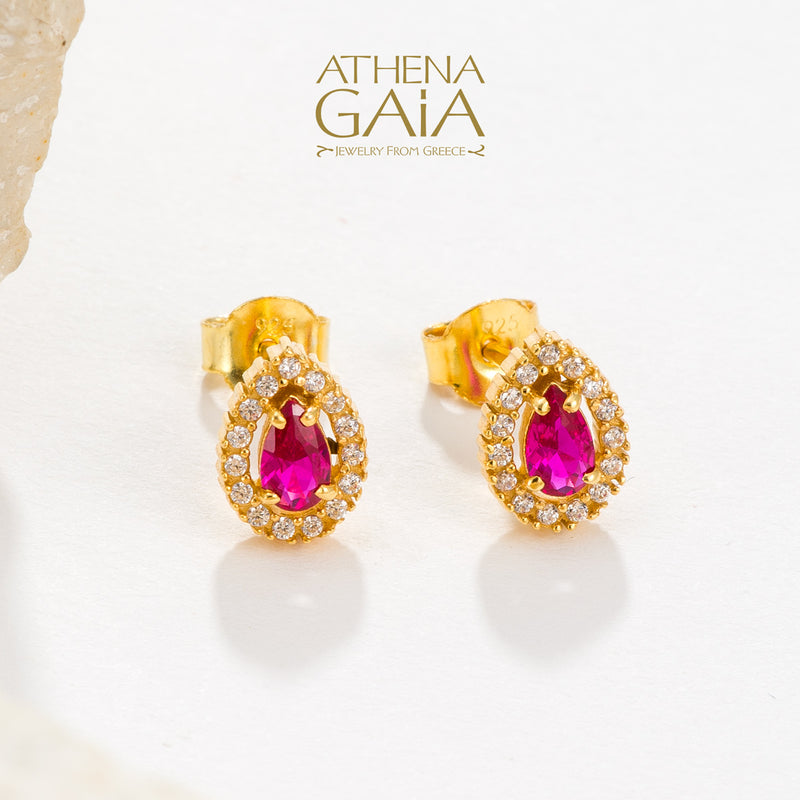 Large Halo Pear Stud Earrings - 14k Gold Earrings