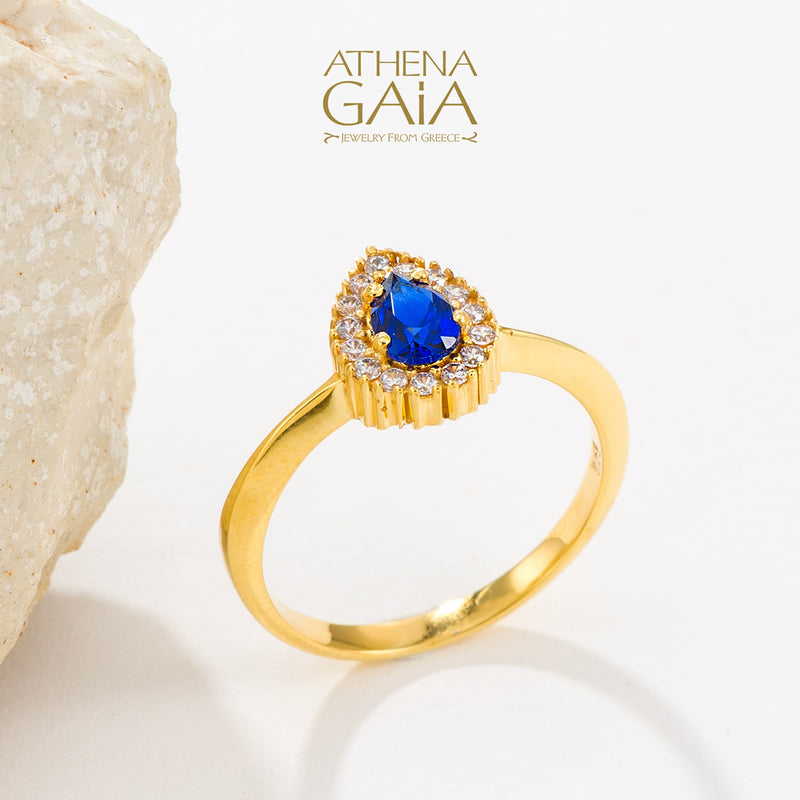 Large Halo Pear Ring - 14k Gold Ring - Cocktail Ring