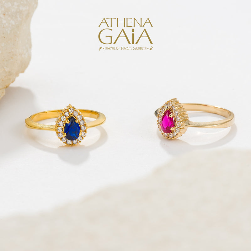 Large Halo Pear Ring - 14k Gold Ring - Cocktail Ring